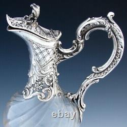 Antique French Sterling Silver & Spiral Glass Claret Jug, Carafe, Crown Monogram