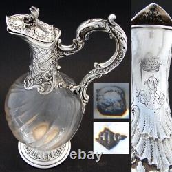 Antique French Sterling Silver & Spiral Glass Claret Jug, Carafe, Crown Monogram