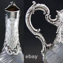 Antique French Sterling Silver & Spiral Glass Claret Jug, Carafe, Crown Monogram