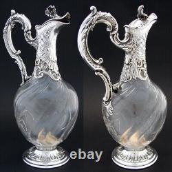 Antique French Sterling Silver & Spiral Glass Claret Jug, Carafe, Crown Monogram