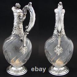 Antique French Sterling Silver & Spiral Glass Claret Jug, Carafe, Crown Monogram