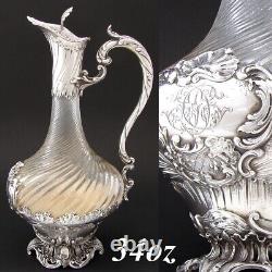 Antique French Sterling Silver & Spiraled Glass Claret Jug, Carafe Wine Decanter