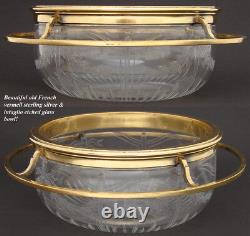 Antique French Vermeil Sterling Silver & Intaglio Etched Glass 9 Serving Bowl