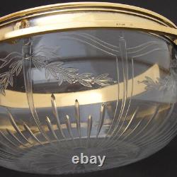 Antique French Vermeil Sterling Silver & Intaglio Etched Glass 9 Serving Bowl