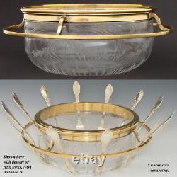 Antique French Vermeil Sterling Silver & Intaglio Etched Glass 9 Serving Bowl