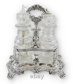 Antique Georgian 1828 Sterling Silver 5pc Four Glass Bottle Cruet Condiment Set