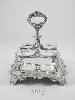 Antique Georgian 1828 Sterling Silver 5pc Four Glass Bottle Cruet Condiment Set