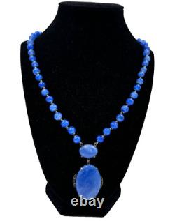 Antique Germany Art Deco Sterling Silver Hand Poured Blue Glass Signed Necklace