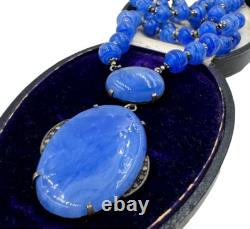 Antique Germany Art Deco Sterling Silver Hand Poured Blue Glass Signed Necklace