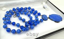 Antique Germany Art Deco Sterling Silver Hand Poured Blue Glass Signed Necklace