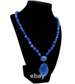 Antique Germany Art Deco Sterling Silver Hand Poured Blue Glass Signed Necklace