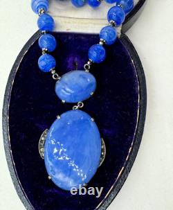 Antique Germany Art Deco Sterling Silver Hand Poured Blue Glass Signed Necklace