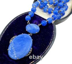 Antique Germany Art Deco Sterling Silver Hand Poured Blue Glass Signed Necklace