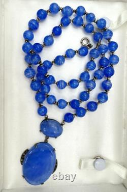 Antique Germany Art Deco Sterling Silver Hand Poured Blue Glass Signed Necklace