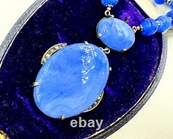 Antique Germany Art Deco Sterling Silver Hand Poured Blue Glass Signed Necklace