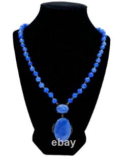 Antique Germany Art Deco Sterling Silver Hand Poured Blue Glass Signed Necklace