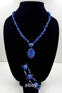 Antique Germany Art Deco Sterling Silver Hand Poured Blue Glass Signed Necklace
