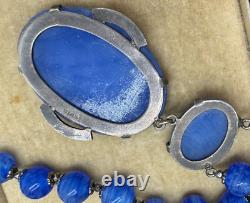 Antique Germany Art Deco Sterling Silver Hand Poured Blue Glass Signed Necklace