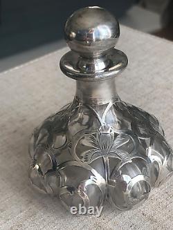 Antique Glass Perfume Bottle Sterling Silver Overlay Art Nouveau American Art