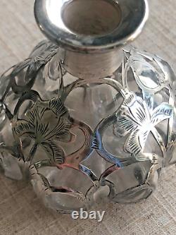 Antique Glass Perfume Bottle Sterling Silver Overlay Art Nouveau American Art