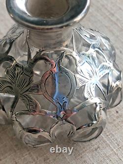 Antique Glass Perfume Bottle Sterling Silver Overlay Art Nouveau American Art