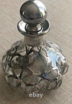 Antique Glass Perfume Bottle Sterling Silver Overlay Art Nouveau American Art