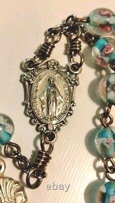 Antique Glass Rose Beads Sterling Silver Rosary EXCELLENT CONDITION