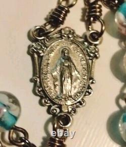 Antique Glass Rose Beads Sterling Silver Rosary EXCELLENT CONDITION