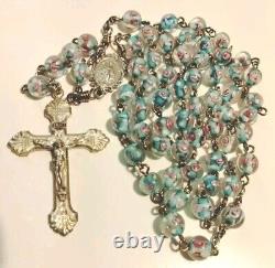 Antique Glass Rose Beads Sterling Silver Rosary EXCELLENT CONDITION