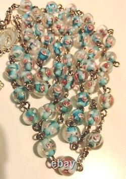 Antique Glass Rose Beads Sterling Silver Rosary EXCELLENT CONDITION