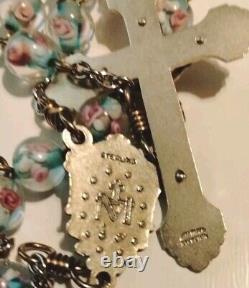 Antique Glass Rose Beads Sterling Silver Rosary EXCELLENT CONDITION