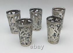 Antique Glass Sterling Silver Overlay 5 Shot Glasses