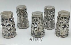 Antique Glass Sterling Silver Overlay 5 Shot Glasses