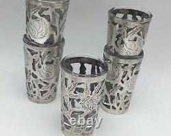 Antique Glass Sterling Silver Overlay 5 Shot Glasses