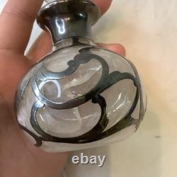 Antique Glass Sterling Silver Overlay Perfume Bottle Decanter Art Nouveau READ