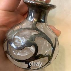 Antique Glass Sterling Silver Overlay Perfume Bottle Decanter Art Nouveau READ