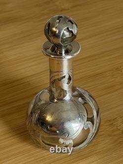 Antique Glass Sterling Silver Overlay Perfume Bottle Decanter Art Nouveau Rare