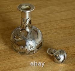 Antique Glass Sterling Silver Overlay Perfume Bottle Decanter Art Nouveau Rare