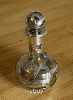 Antique Glass Sterling Silver Overlay Perfume Bottle Decanter Art Nouveau Rare