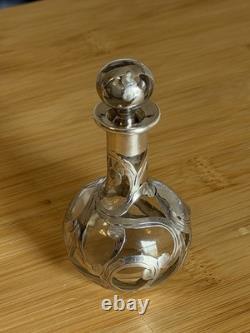 Antique Glass Sterling Silver Overlay Perfume Bottle Decanter Art Nouveau Rare