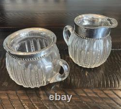 Antique Glass Sterling Silver Sugar Bowl & Creamer