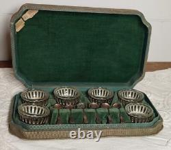 Antique Glass and Sterling Silver Salt Cellar and Cellar Spoon Set x 6 (in case)