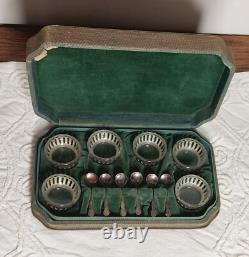 Antique Glass and Sterling Silver Salt Cellar and Cellar Spoon Set x 6 (in case)