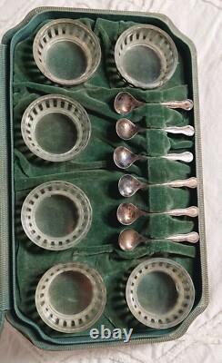 Antique Glass and Sterling Silver Salt Cellar and Cellar Spoon Set x 6 (in case)