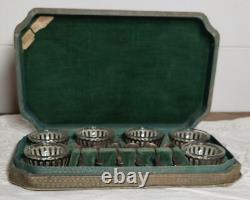 Antique Glass and Sterling Silver Salt Cellar and Cellar Spoon Set x 6 (in case)