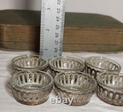 Antique Glass and Sterling Silver Salt Cellar and Cellar Spoon Set x 6 (in case)