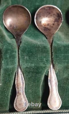 Antique Glass and Sterling Silver Salt Cellar and Cellar Spoon Set x 6 (in case)