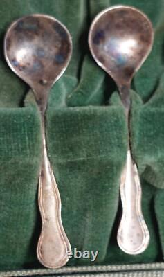 Antique Glass and Sterling Silver Salt Cellar and Cellar Spoon Set x 6 (in case)