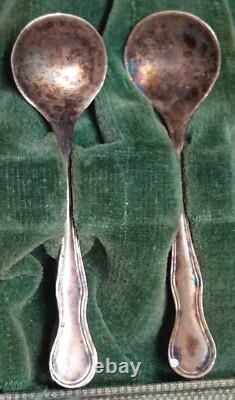 Antique Glass and Sterling Silver Salt Cellar and Cellar Spoon Set x 6 (in case)