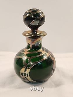 Antique Gorham Perfume Bottle Green Glass with Sterling Silver Overlay D940 Signed